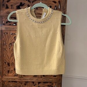 Zara Yellow Green Sleeveless Sweater with Pearl and Rhinestone Accents